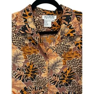Allison Taylor Women's Animal Print Silk Blouse Black Brown Button Up Vintage M